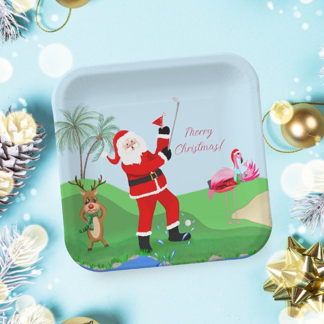 Santa Playing Out Of Water With Martini Party  Paper Plate (Enjoy your Christmas party food on this Golf themed Christmas plate!)