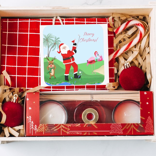 Santa Playing Out Of Water With Martini Party  Square Sticker (Decorate cards, gifts, and more with our whimsical 'Merry Christmas' sticker!)