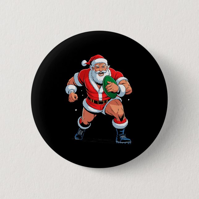 Santa Playing Rugby Funny Holiday Christmas Xmas P 2 Inch Round Button (Front)