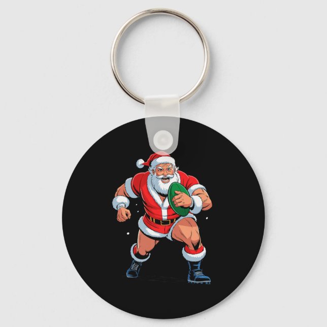 Santa Playing Rugby Funny Holiday Christmas Xmas P Keychain (Front)