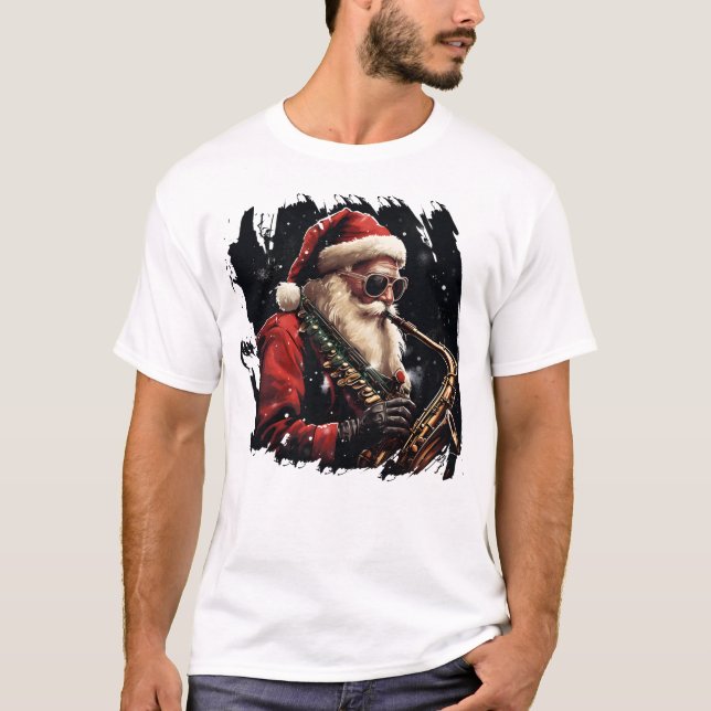 Santa Playing Saxophone Xmas gift idea T-Shirt (Front)