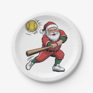 Santa Playing Softball Christmas Player Sport Paper Plate