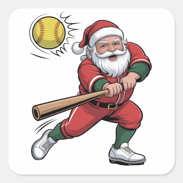 Santa Playing Softball Christmas Player Sport Square Sticker (Front)