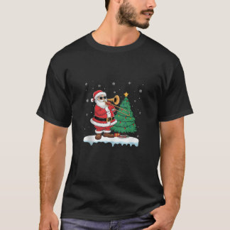 Santa Playing Trombone Boys Girls Kids Tree Lights T-Shirt