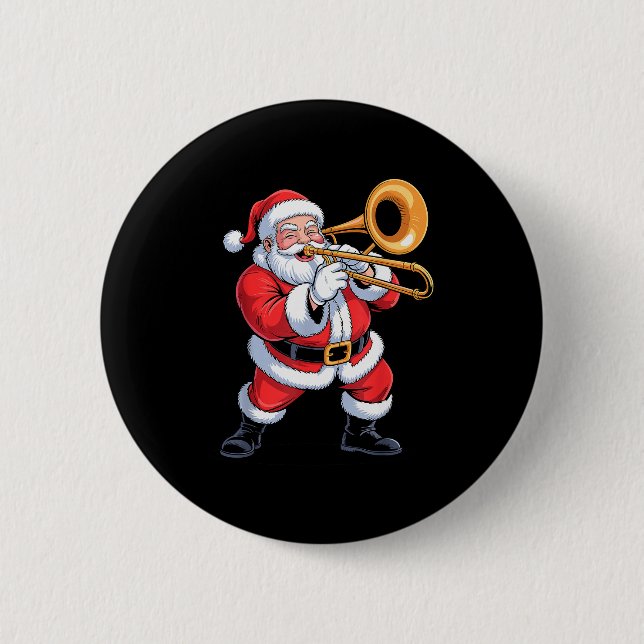 Santa Playing Trombone Funny Holiday Chrismas Xmas 2 Inch Round Button (Front)