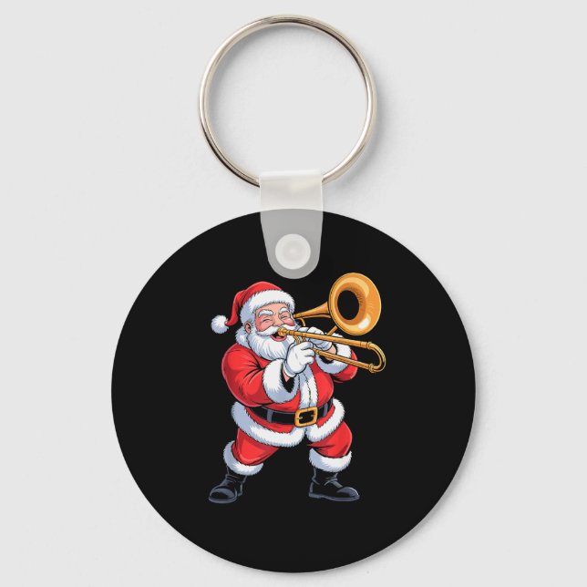 Santa Playing Trombone Funny Holiday Chrismas Xmas Keychain (Front)