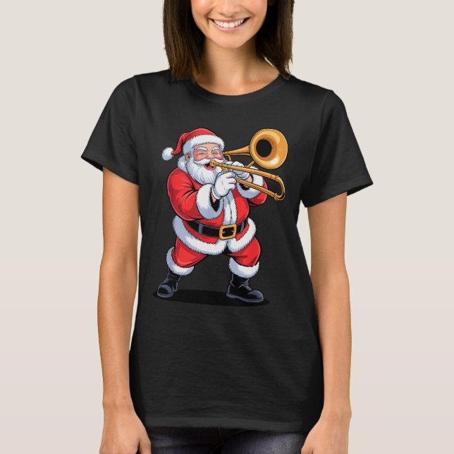 Santa Playing Trombone Funny Holiday Chrismas Xmas T-Shirt (Front)
