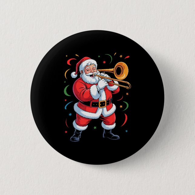 Santa Playing Trombone Funny Holiday Christmas Xma 2 Inch Round Button (Front)