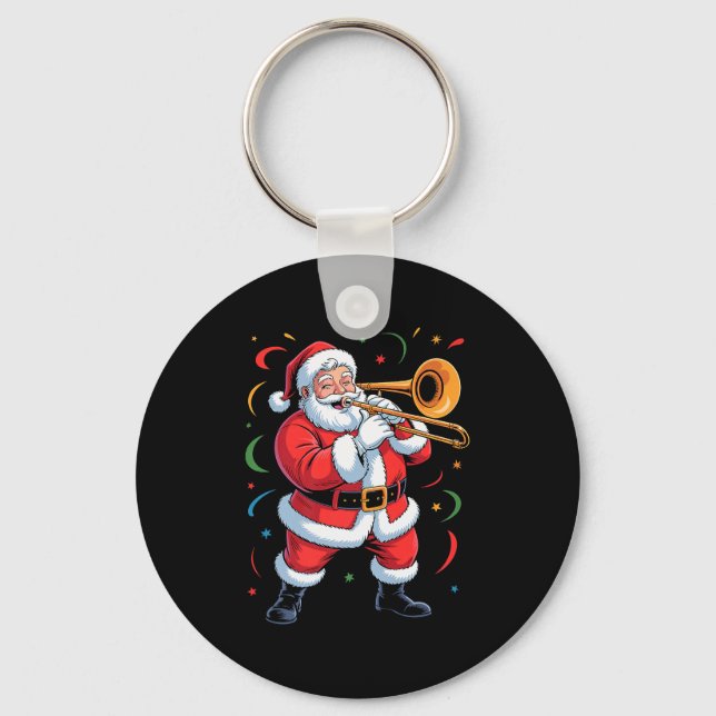 Santa Playing Trombone Funny Holiday Christmas Xma Keychain (Front)