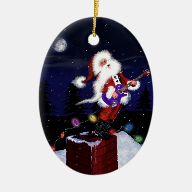 Santa Plays Guitar Ceramic Ornament (Front)