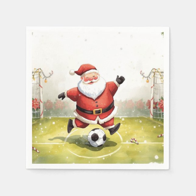 Santa plays Soccer Christmas Holiday  Napkin (Front)
