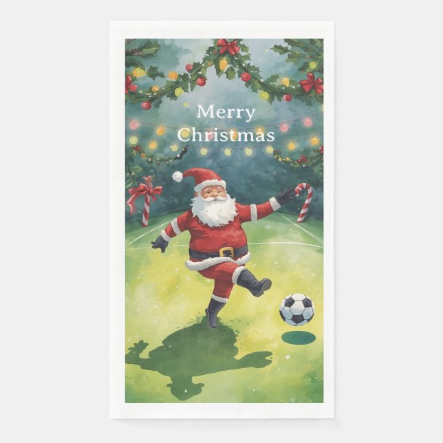 Santa plays Soccer Christmas Holiday  Napkin (Front)