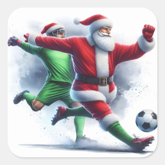 Santa Plays Soccer During the Holiday Season Square Sticker (Front)