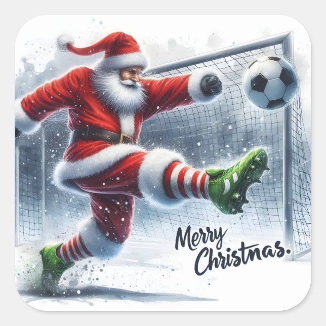 Santa Plays Soccer in Winter Wonderland Square Sticker (Front)