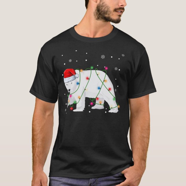 Santa Polar Bear Christmas Tree Lights Bear Lovers T-Shirt (Front)