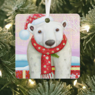 Santa Polar Bear Metal Ornament