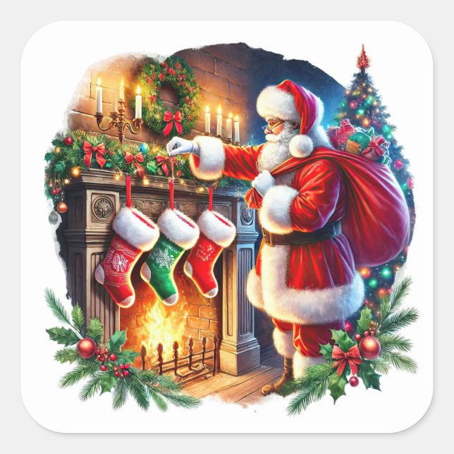 Santa Prepares Stockings by Fireplace Square Sticker (Front)