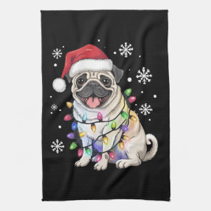 Santa Pug Christmas Lights Xmas Dog Lover Kitchen Towel