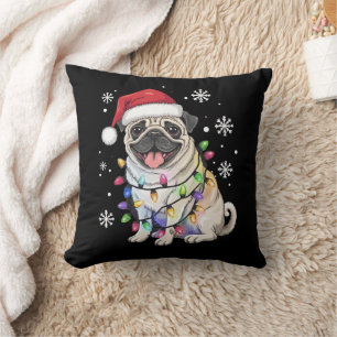 Santa Pug Christmas Lights Xmas Dog Lover Throw Pillow