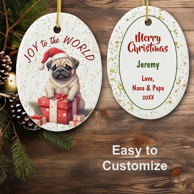 Santa Pug Dog Gift Box Joy to the World Holiday Ceramic Ornament (Creator Uploaded)