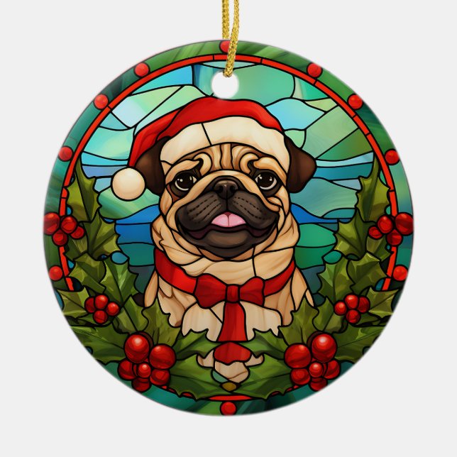 Santa Pug Dog Holly Berry Wreath Christmas Ceramic Ornament (Front)