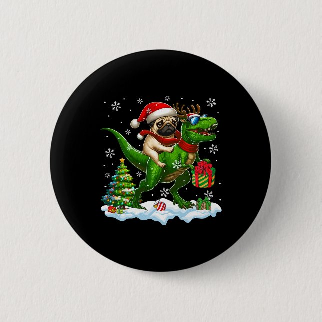 Santa Pug Riding Reindeer T-rex Christmas Kids Tod 2 Inch Round Button (Front)