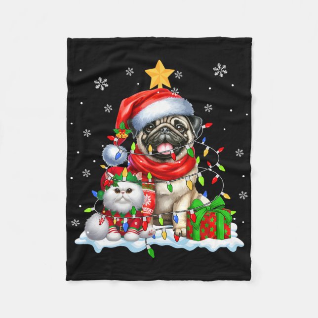 Santa Pug With Elf Cat Christmas Lights Owner Kids Fleece Blanket (Front)