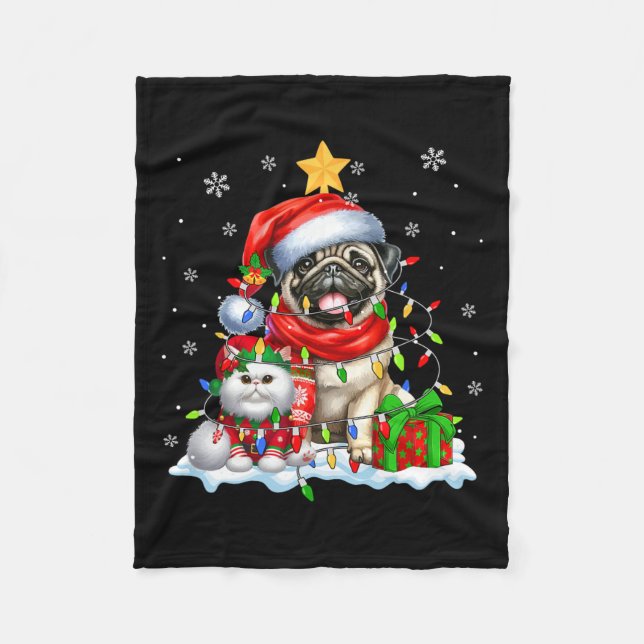 Santa Pug With Elf Cat Christmas Lights Owner Kids Fleece Blanket (Front)