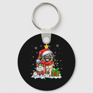 Santa Pug With Elf Cat Christmas Lights Owner Kids Keychain