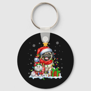 Santa Pug With Elf Cat Christmas Lights Owner Kids Keychain