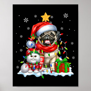 Santa Pug With Elf Cat Christmas Lights Owner Kids Poster