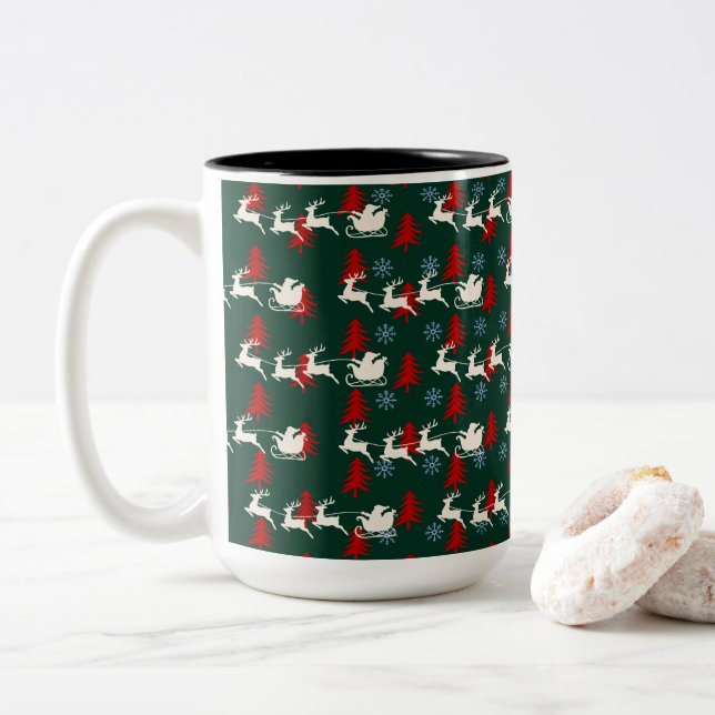 Santa Pulling His Sleigh Two-Tone Coffee Mug (With Donut)