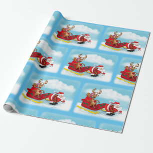 Santa pulling reindeer in sleigh christmas paper