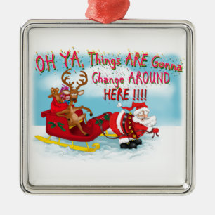 Santa pulling reindeer! metal ornament