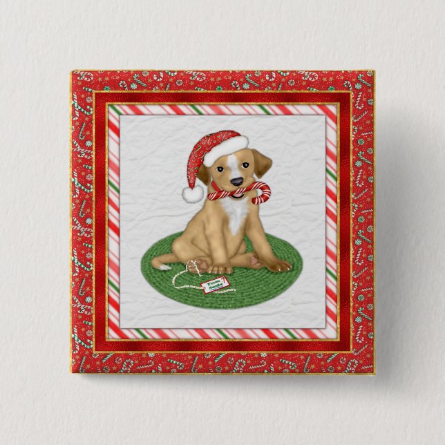 Santa Puppy 2 Inch Square Button (Front)