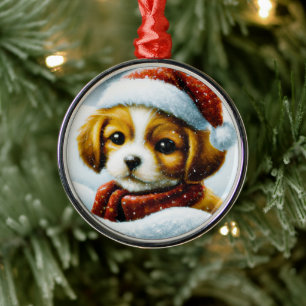 Santa puppy Christmas Metal Ornament