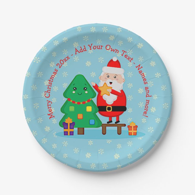 Santa Putting Star Christmas Tree 20xx Add Text 7" Paper Plate (Front)