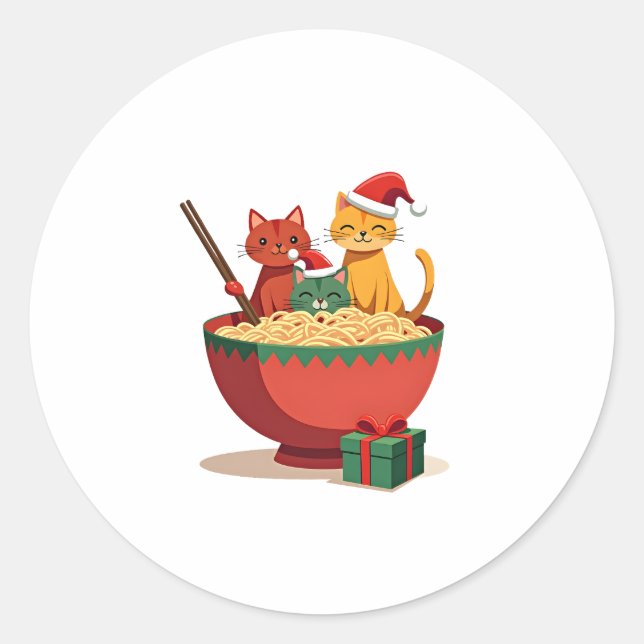 Santa Ramen Cats Anime Christmas Xmas Kids Girls M Classic Round Sticker (Front)