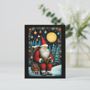Santa Reading Book Snowy Night Christmas Tree Postcard