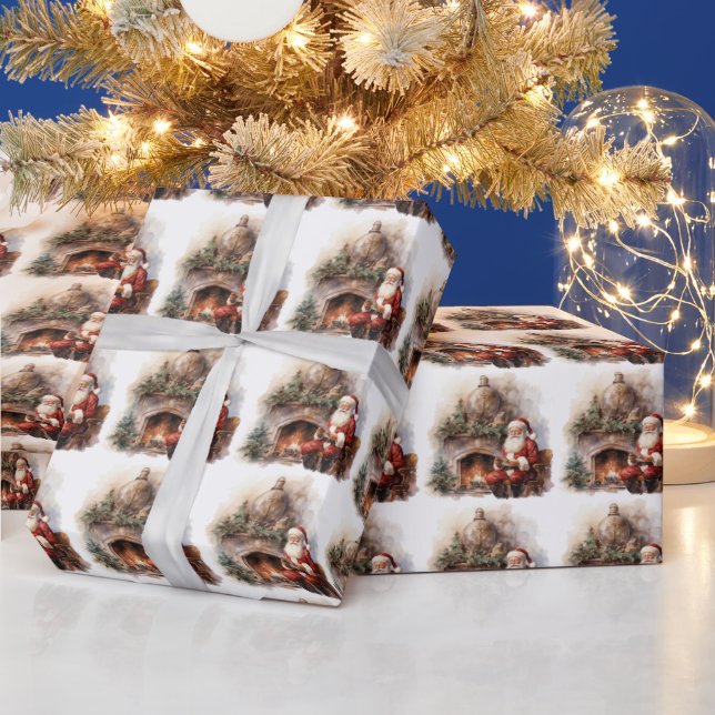 Santa Reading Letters Fireplace Christmas Tree Wrapping Paper (Holidays)