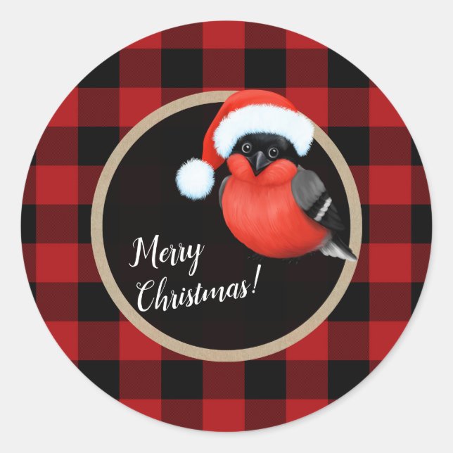 Santa Red Bird Christmas Holiday Red Buffalo Plaid Classic Round Sticker (Front)