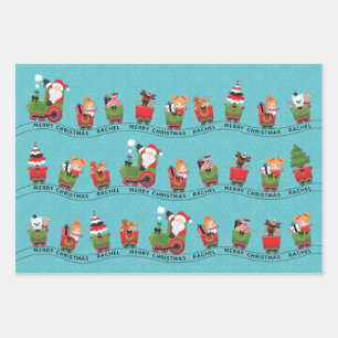 Santa & Red Hair Girl on Train Wrapping Paper Sheet