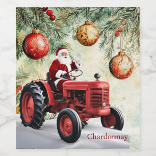Santa Red Tractor Vintage Farm Christmas Wine Label