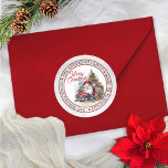 Santa | Red Truck Christmas Circle Return Address Classic Round Sticker<br><div class="desc">Cute watercolor santa and vintage look red truck "Merry Christmas" circular return address envelope or package seal. Design features a slight grey watercolor background on the outside rims of the circle as a backdrop to snowfall. Simply personalize with your greeting, name or family name and return address, city, state and...</div>