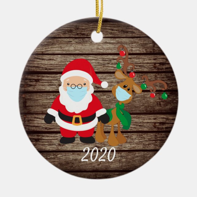 Santa Reindeer 2020 Face mask Covid Wood Ceramic Ornament (Front)