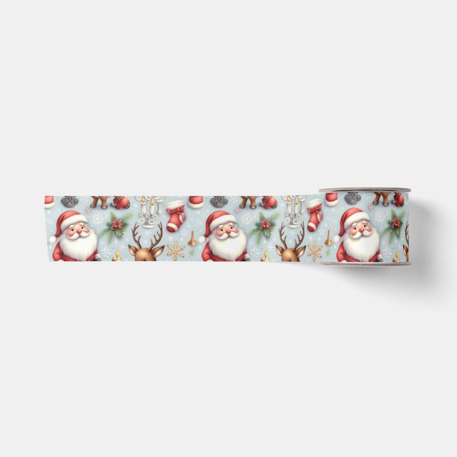 Santa & Reindeer Christmas Gift Wrapping Paper Satin Ribbon (Front)