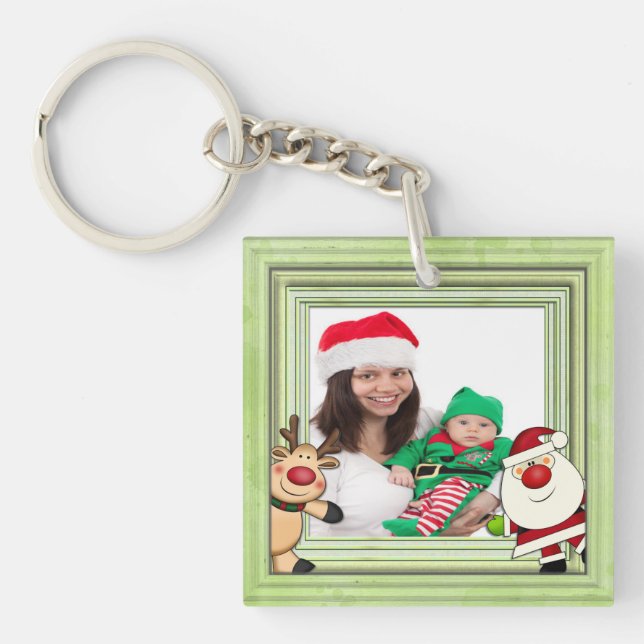 Santa & Reindeer Christmas Photo Template Keychain (Front)
