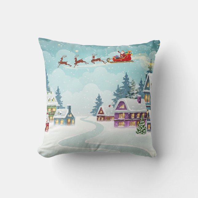 Santa Reindeer Christmas Vintage Scene Throw Pillow (Front)