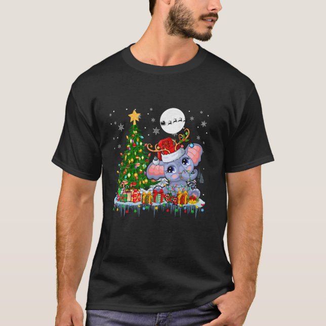 Santa Reindeer Elephant Christmas Tree Light Famil T-Shirt (Front)