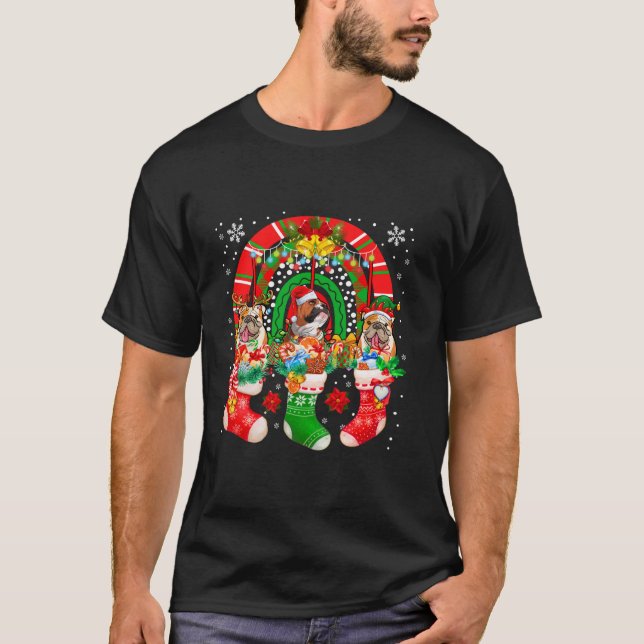 Santa Reindeer Elf Bulldog Dogs In Christmas Socks T-Shirt (Front)